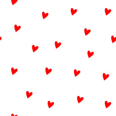 Obraz na płótnie Canvas Seamless cute hearts pattern. Hand-drawn red hearts isolated on white background. Random festive heart confetti. Trendy Vector stock illustration for holidays, Valentine's Day, wedding, wrapping paper