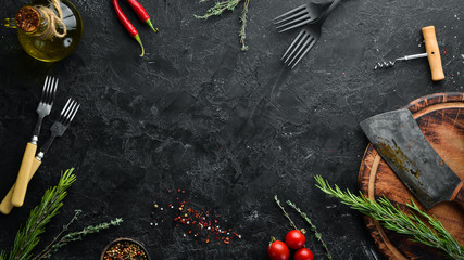 Cooking banner. Spices and herbs. Top view. Free copy space.