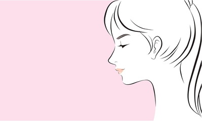 girl face long hair portrait isolated on pink background. hand drawn vector illustration