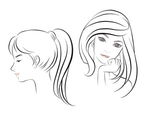 girl face long hair portrait isolated on white background. hand drawn vector illustration