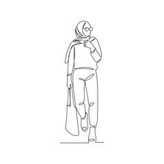 Fototapeta na wymiar Continuous line drawing of fashionable muslim woman wearing hijab scarf. Vector illustration.