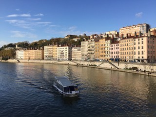 The quays of the Saône river seen from the Saint-Vincent bridge in Lyon, France