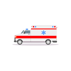 Side view of ambulance car with lights. Flat style vector illustration. Vehicle and transport banner. Modern ambulance american car. First aid van with paramedics. Emergency vehicle.