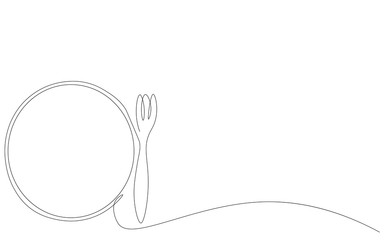 Fork and plate line drawing vector illustration