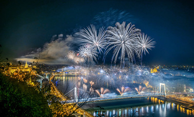 Budapest, Hungary - August 20th 2019: State Foundation Day celebration with fireworks over the Danube River.