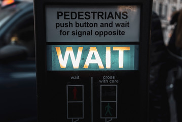 close up to wait light warning, Pedestrians cross walk button,  - 320303298