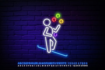 Neon Juggler artist vector silhouette, Juggling with pins. Clown in circus jugging performs skill. Children birthday animator. Neon Carnival attraction. Street performer acrobat public entertainment.