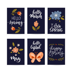 Creative spring cards. Hand Drawn flowers, butterflies and lettering.