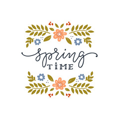 Flowers, butterflies and lettering. Hello spring greeting card