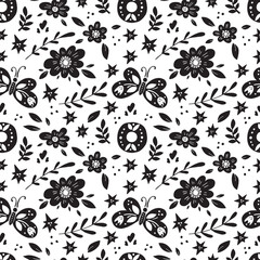 Vector background pattern with flowers. butterflies, leaves