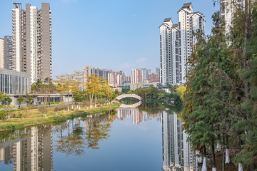 Fototapeta premium Scenery of Jinzhouyong Waterfront, Jiaomen, Nansha District, Guangzhou, China