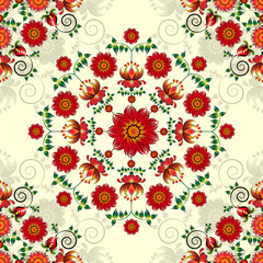 Fototapeta na wymiar Delicate ornament on backdrop,Folk ornament with red flowers and green leaves, Round ukrainian floral pattern in style of Petrykivka painting