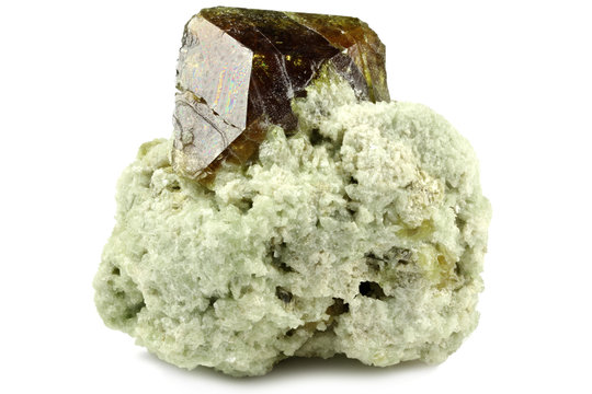 vesuvianite crystal on matrix from Fushan Mine, China isolated on white background