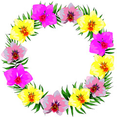 round frame with tropical flowers and leaves, background for greetings, wrapping paper, bright print for clothes