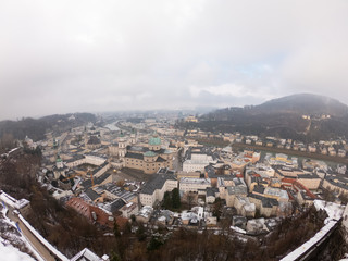 Aerial view of Salzburg old town and Hohensalzburg Fortress. View on City and river from above 