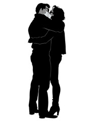Young woman and man kiss in medical masks. Isolated silhouettes of people on a white background