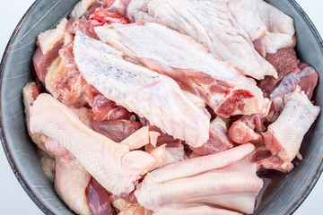 Freshly chopped duck meat on a saucer on white background