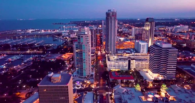 4K Aerial Dusk Video of Waterfront Downtown of St Petersburg, Florida