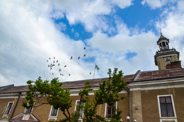 City Hall in the city of Berezhany on the background of flying birds and a cloudy sky, Ternopil region, Ukraine