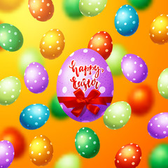 Trendy poster with colorful eggs with red bow and ribbon. Hand drawn calligraphy happy Easter. Decorated yellow, red, blue, green and purple eggs background