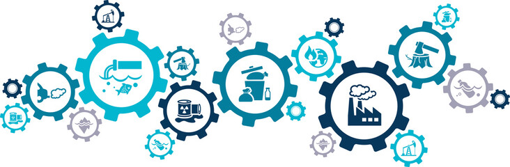 pollution and environmental damage vector illustration. Abstract concept with connected icons related to ecological destruction, contamination, garbage in the ocean and industrial emission.