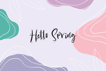 Hello spring. Website header social media advertisement sale brochure templates. Isolated vector banner templates. Hand drawn creative universal. Abstract scribbles doodles bright colors.