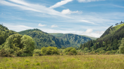 Mountain, woodland landscape at Glendalough National Park, County Wicklow, Ireland.