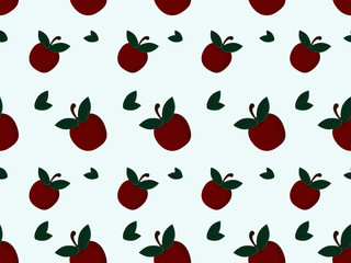 Seamless pattern with red apples and leaves on a white background.