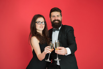 Occasion to celebrate. Couple in love drink sparkling wine. Spouse hold glass. Family celebrate Valentines day. Romantic relationship. Happy marriage anniversary. Love concept. Celebrating their love