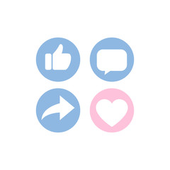 Thumb up, heart icon, comment share social network icon set and long shadow on white background.