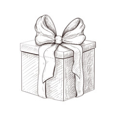 vintage gift box hand drawn. engraved present illustration isolated on white background. present box icon with lush bow and ribbon. wrapped gift sketch. Vector monochrome line art. Silhouette of box