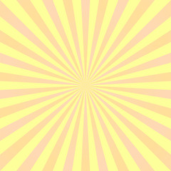 Sun rays background. Yellow orange radiate sun beam, burst effect. Sunbeam light flash boom. Template poster sale. Sunlight star, sunrise glow burst. Solar radiance, retro design. Vector illustration
