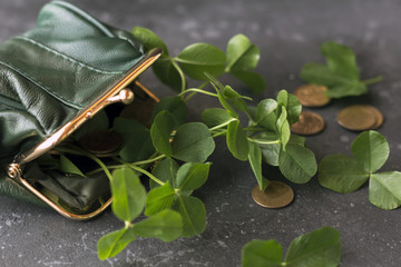 Fresh clover leaves from a green purse and gold coins are scattered on a dark background. St....