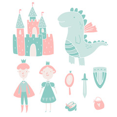 Colorful princess and prince vector set. Hand drown cute kawaii characters with castle, dragon, shield, sword, mirror, shoe and bag. Childish design in doodle style