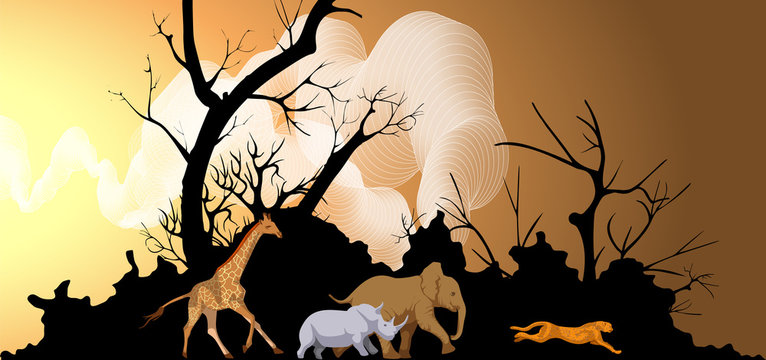 Vector image of a forest and running animals from it. Concept of global deforestation and forest fire problems