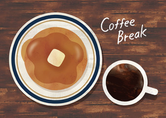 パンケーキとコーヒー水彩