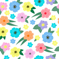 Obraz premium Seamless floral pattern with hand drawn various colorful spring flowers pastel colors with green leaves on white background. Vintage retro style. Vector eps10.