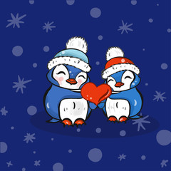 Color vector illustration of penguin birds in warm knitted hats for Valentine day.