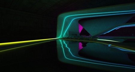 Abstract architectural concrete interior of a minimalist house with colored neon lighting. 3D illustration and rendering.