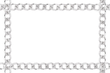 Silver chains. Frame of silver chains on a white background. Chains laid out in the form of a square frame. Crystal chandelier close-up. Background with copy space