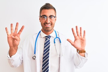 Young handsome doctor man wearing stethoscope over isolated background showing and pointing up with fingers number nine while smiling confident and happy.