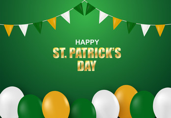Happy St. Patrick's Day . Design with green, orange, white balloons on green background. Vector.