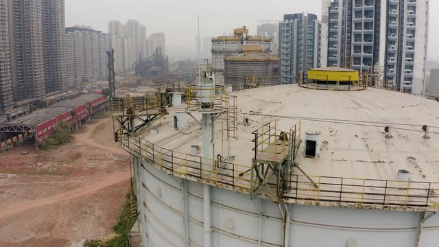 Abandoned steel factory storage tank, Guangzhou, China, Aerial shot.