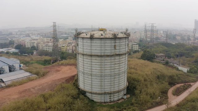 Abandoned steel factory storage tank, Guangzhou, China, Aerial shot.