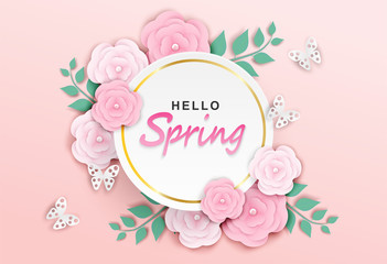 Hello spring sale background. flowers and tree leaves on soft background . paper art . light and shadow . Vector.