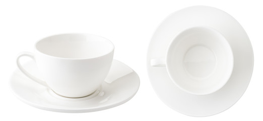 Empty coffee Cup with a plate, front and top view on a white background.