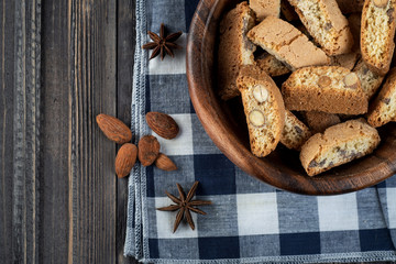 Traditional italian Christmas New Year dry cookies biscuits, biscotti, cantuccini. Biscotti di Prato. Top view