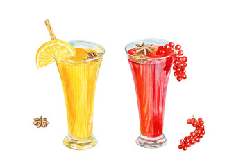 Watercolor cocktails set. Cocktail party. Hand-painted by watercolor, isolated on white.