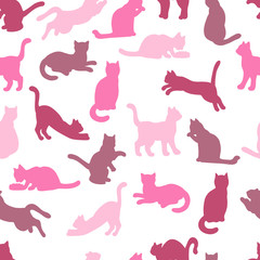 Seamless pattern with cat silhouettes in pink tones and colors