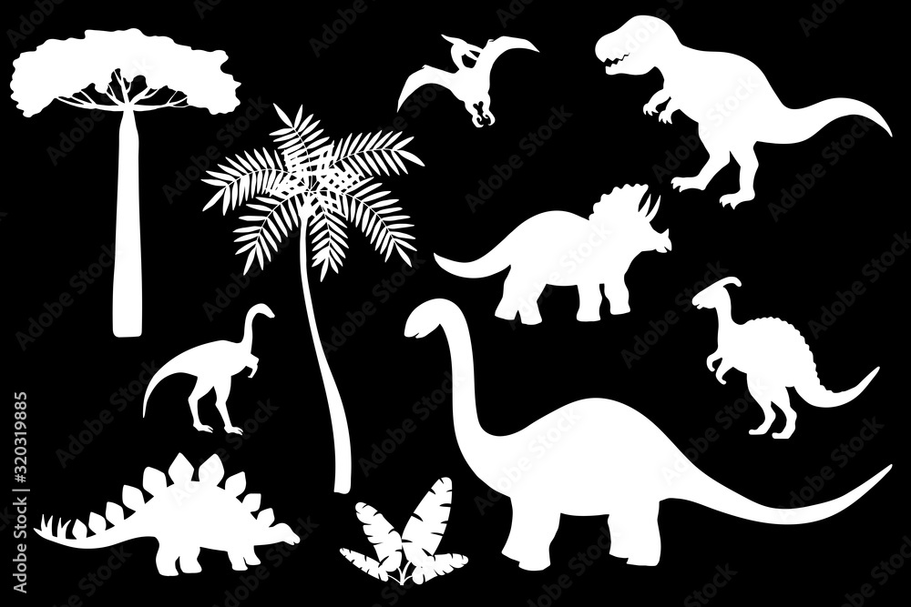 Poster vector set of dinosaur silhouettes, white stencil on a black background